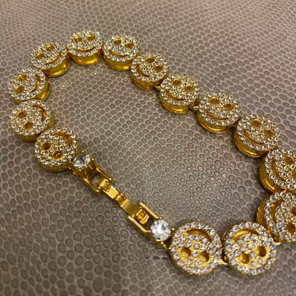 Gold Smiley Face Bracelet with Rhinestones - Picture 2 of 2